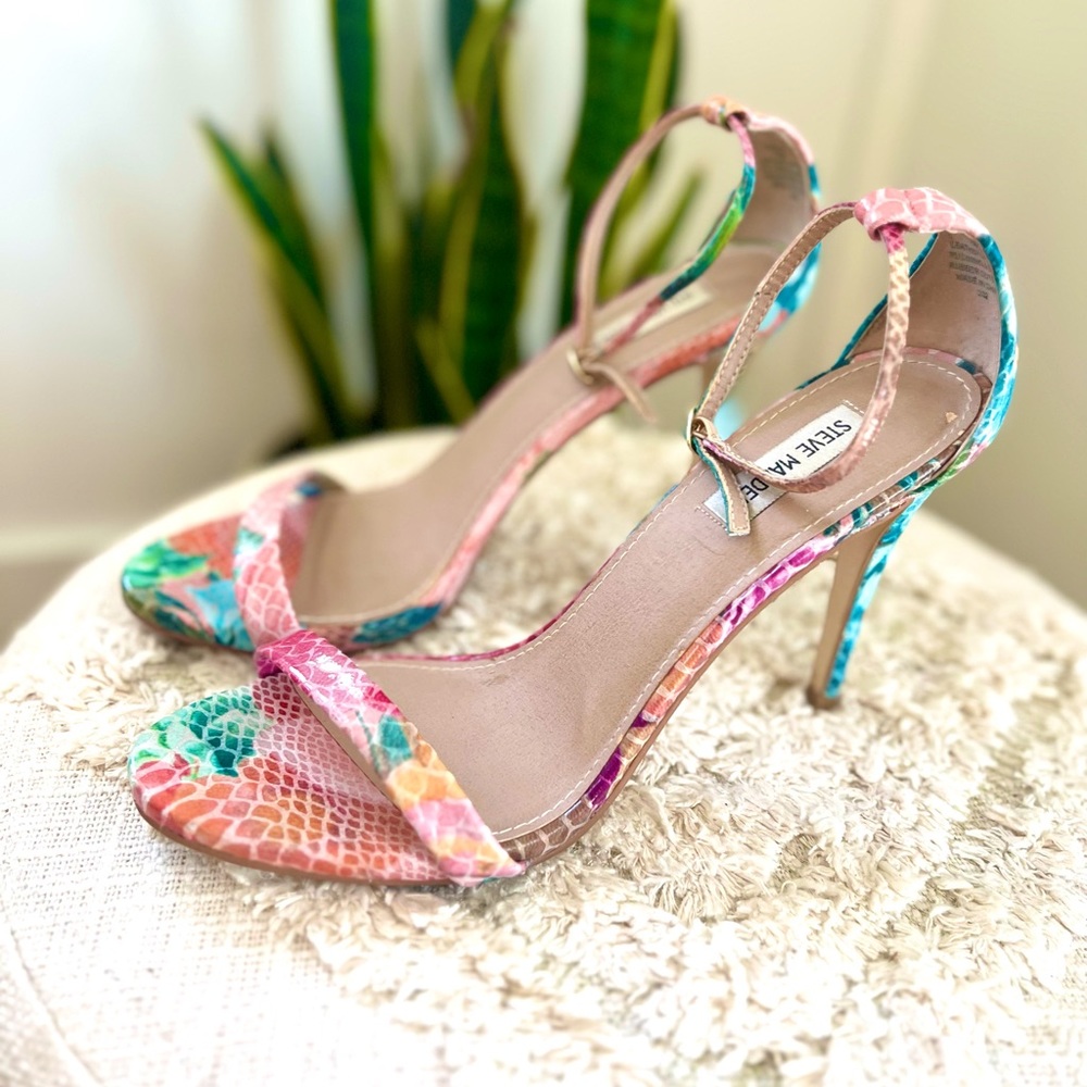 Steve Madden Stecy Floral Snakeskin Leather Ankle Strap Heels size 10 M